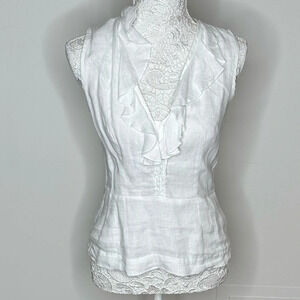 100% Linen V-Neck Top with Ruffle Detail Sz. 34